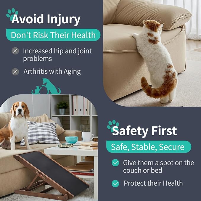 Dog Ramp, Adjustable Height Wooden Folding Pet Ramp for Bed, Couch,SUV-High Traction, Portable Paw Ramps for Small & Large Old Dogs & Cats - Furniture Quality-PurrikoPets