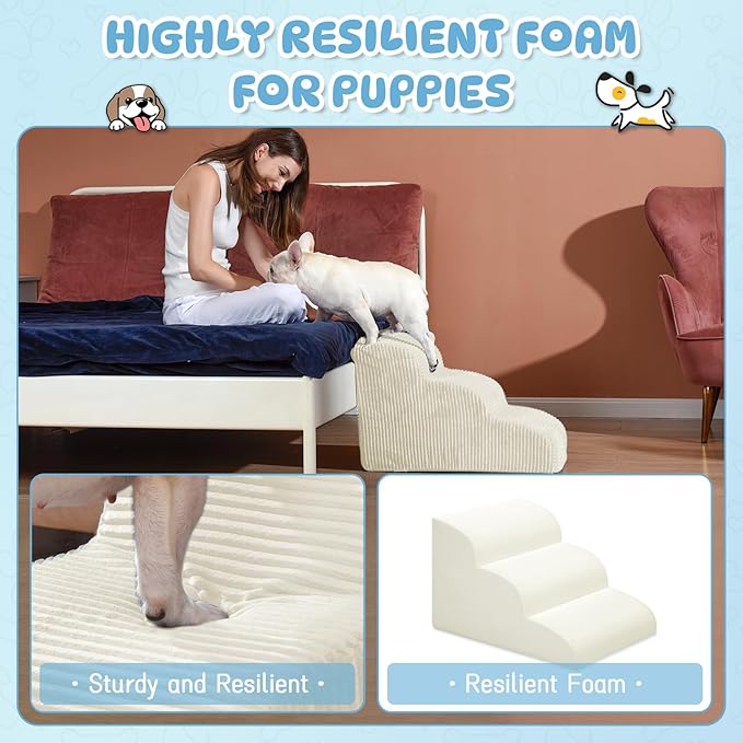 Dog Steps for Small Dogs, 3-Step Pet Ramp Stairs for High Beds and Sofa, Non-Slip Pet Stairs for Small Dogs and Cats, Removable and Easy to Clean Cover, Beige-PurrikoPets