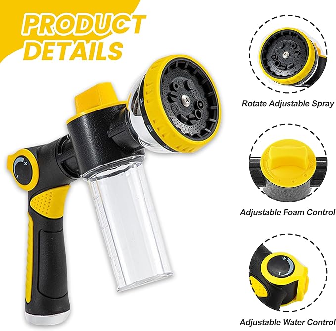 Dog Wash Hose Attachment, 10-in-1 Spray Mode Pet Shower Soap Sprayer with Grooming Comb Rubber Brush, Hose Nozzle with 100cc Soap Dispenser, for Watering, Car Wash, Dog and Horse Showering (Yellow)-PurrikoPets