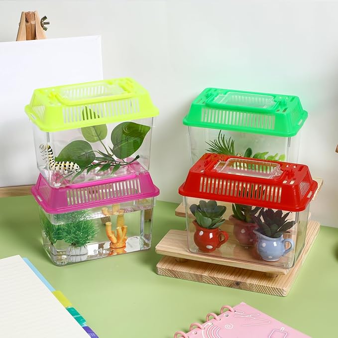 4pcs Mini Fish Tank: Portable Handheld Fish Tank Lightweight Aquarium Mini Portable Snail Terrarium Crabs Habitat for Shrimp Turtle Shrimp Goldfish Beach Toys Plastic (Random Color) 5.89X4.32X3.73In-PurrikoPets