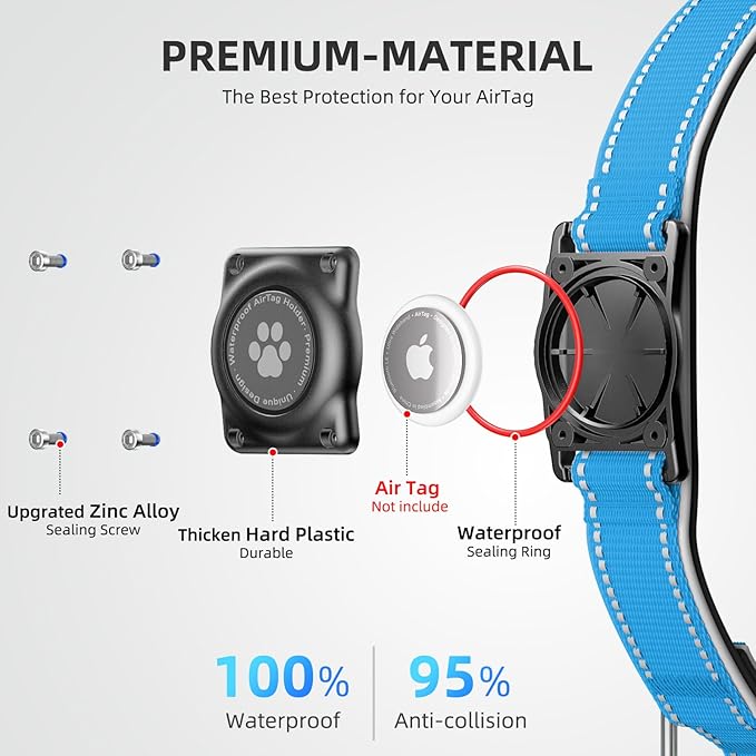 Airtag Dog Collar - 100% Waterproof Air tag Dog Collar Holder for Apple AirTag, Reflective, Soft Padded, Everlasting, GPS Dog Collar for Small Medium Large Dogs (Blue, L)-PurrikoPets