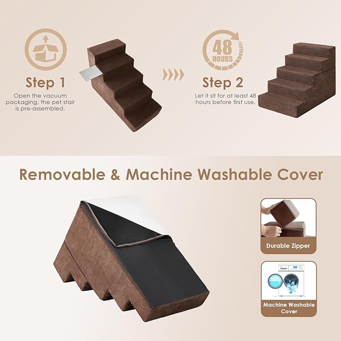 EHEYCIGA Dog Stairs for High Bed 25" H, 5-Step Extra Wide Dog Steps for Bed, Pet Steps for Small Dogs and Cats, Non-Slip Balanced Pet Ramp Indoor, Brown-PurrikoPets