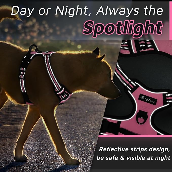 Eagloo Dog Harness for Large Dogs, No Pull Service Vest with Reflective Strips and Control Handle, Adjustable and Comfortable for Walking, No Choke Pet Harness with 2 Metal Rings, Pink, L-PurrikoPets
