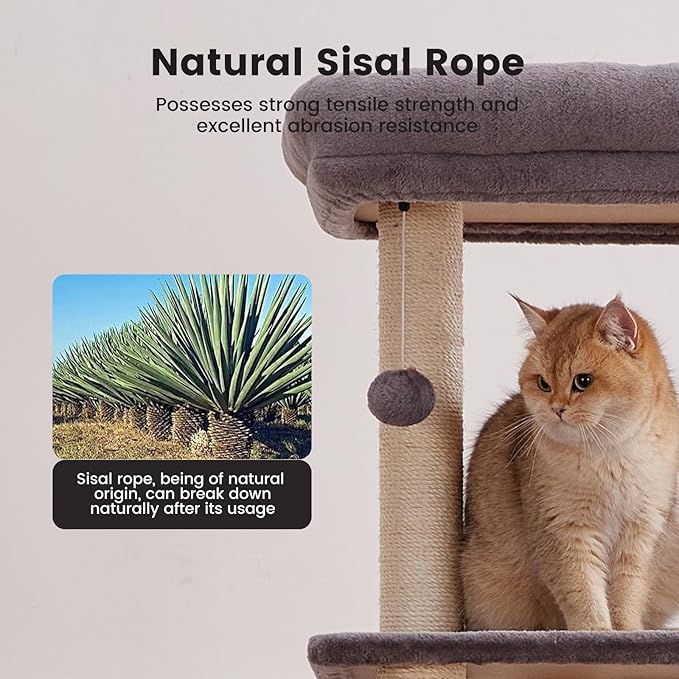 Gardner Pet 65in Heavy Duty Cat Tree Tower for Large Cats, Multi-Level Cat Furniture with Replaceable Sisal Scratching Post, Hammock | Extra-Large Platform & Condo (Grey)-PurrikoPets