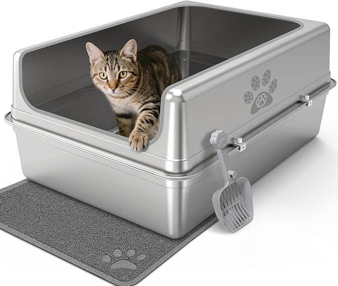 Enclosed Stainless Steel Cat Litter Box with Lid, Oversize Metal Litter Box for Multi Cats, Extra XXL Cat Toilet with High Side, Non-Stick, Anti-Leakage, Odorless, with Cat Litter Mat & Litter Scoop-PurrikoPets