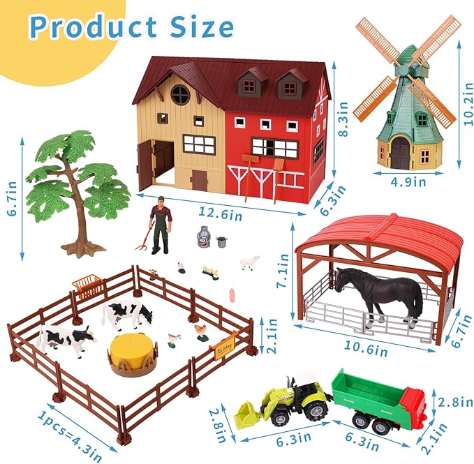 Farm Animals Figurines Toys -140 pcs Toy Set Barn Toy Horse Stable Tractor Trailer Windmill Farmer Fence Playset for Kids Toddlers Boy Girl 3-7 Years Old-PurrikoPets
