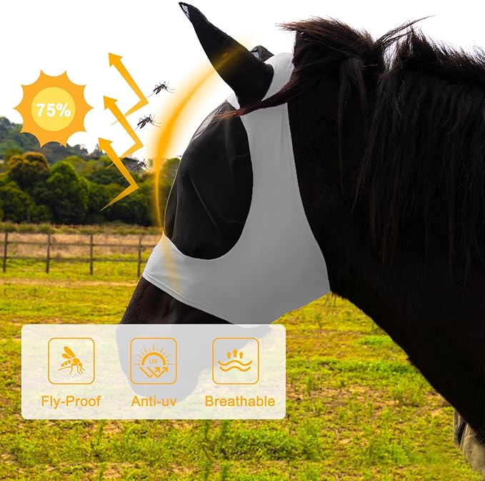 2 Piece Horse Fly Mask with Ears, Comfortable Fit Stretch Fabric Big Eye Space Soft Breathable with UV Protection for Full Horses (Purple-Gray)-PurrikoPets