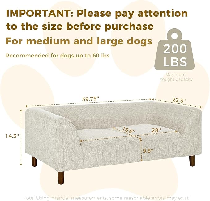 Dog Sofa Couch for Medium to Large Dogs, Memory Foam Dog Sofa Bed, Modern Elevated Pet Couch Bed with Wooden Legs for Medium and Large Dogs, Dark Beige-PurrikoPets