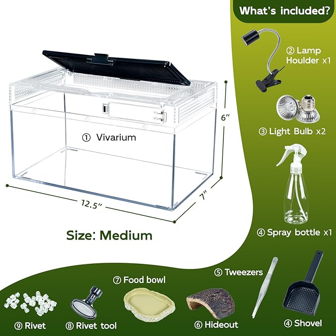 12.5''×6''×7'' Reptile Tank Kit with Heat Lamp, Spray Bottle, Shovel, Tweezers, Food Bowl, Hideout -Perfect for Geckos, Snakes, Lizards, Turtles, Jumping Spider,Milk Frog,Hermit Crabs-PurrikoPets