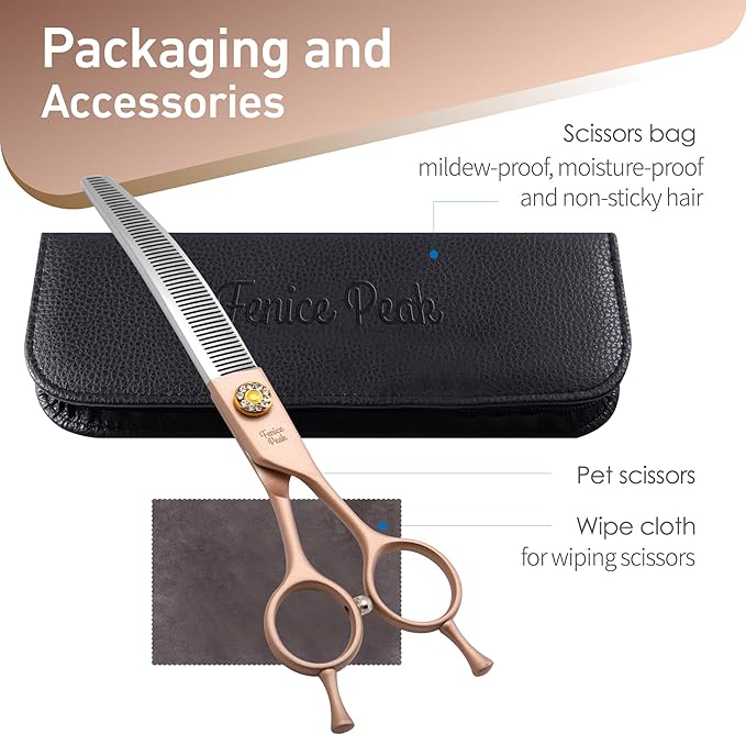 Fenice Peak Professional Curved Thinner Dog Grooming Scissors 7.0'' Rose Gold Thinning Shears Extremely Sharp Blades 440C Stainless Steel Thinning Shears Durable Smooth Fine Cut for Dogs and Cats.-PurrikoPets