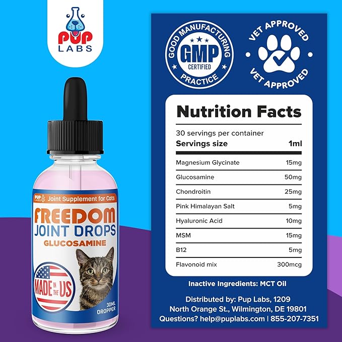 Freedom Joint Drops for Cats with Hyaluronic Acid, MSM, Glucosamine, & Chondroitin, All Natural Cat Joint Supplement for Mobility, Powerful Glucosamine for Cats, Cat Pain Relief, 30ml Dropper-PurrikoPets