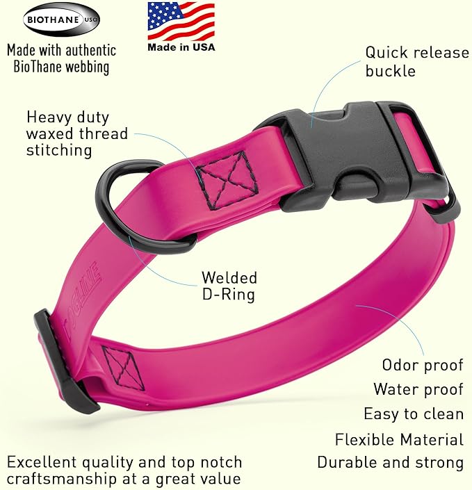 Dogline Biothane Waterproof Dog Collar with Quick Release Buckle Strong Coated Nylon Webbing with Odor- Proof for Easy Care Easy to Clean Fits Small Medium Large Dogs, Magenta Pink 1" W 15-23" L-PurrikoPets
