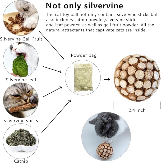 3PCS Cat Ball Toy,Silvervine Ball with Catnip Gall Fruit silvervine Sticks Powder Inside,Catnip Toys for Indoor Cats,Kitten Cleaning Teeth Cat Chew Toy-PurrikoPets