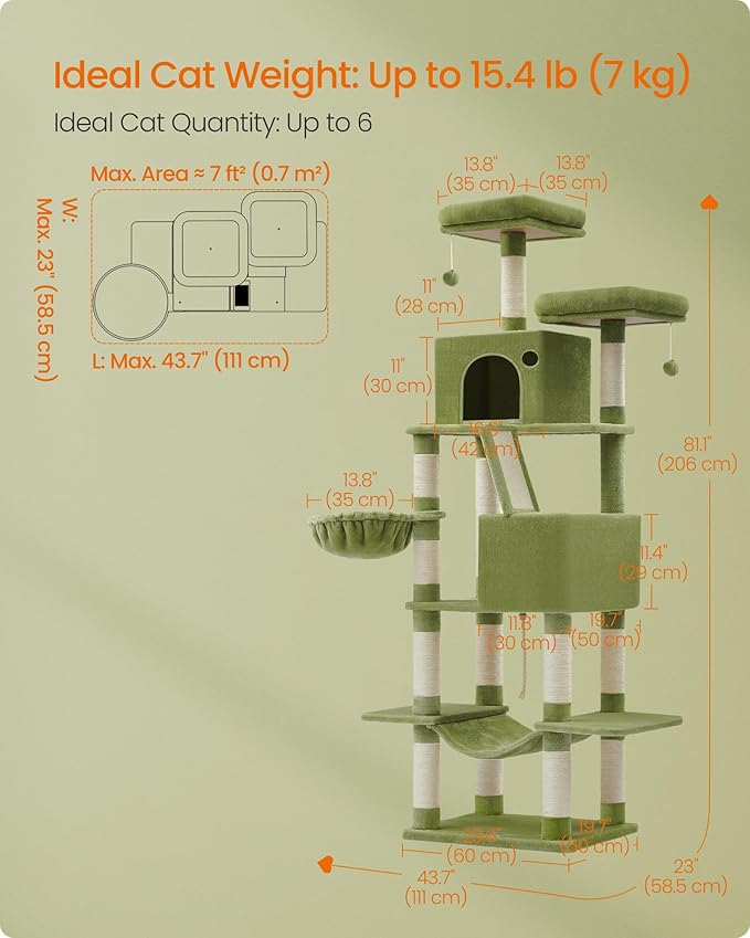 Feandrea Cat Tree, 81.1-Inch Large Cat Tower with 13 Scratching Posts, 2 Perches, 2 Caves, Basket, Hammock, Pompoms, Multi-Level Plush Cat Condo for Indoor Cats, Green UPCT190C01-PurrikoPets