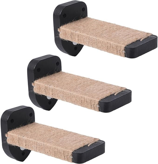3-in-1 Cat Wall Steps - Climbing Wall Furniture & Shelves with Hemp Rope, Solid Wood Cat Ladder (Standard-Black)-PurrikoPets