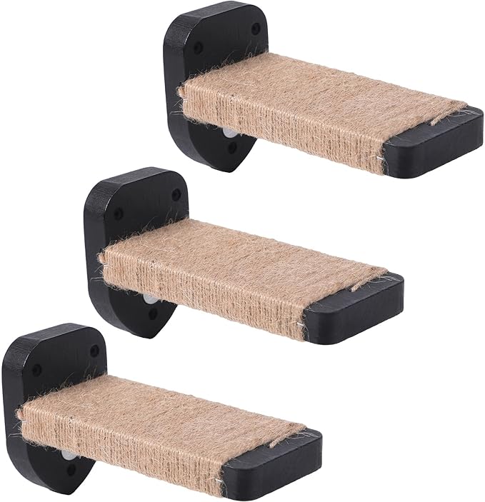 3pcs Wall Steps for Cats, Climbing Mounted Furniture, Shelves With Hemp Rope Covered, Solid Wood Ladder for Playing and Climbing (Large-Black)-PurrikoPets