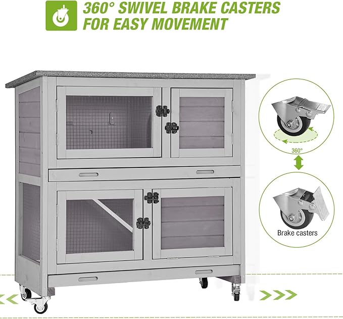 2 Story Rabbit Hutch Indoor Outdoor Rabbit Bunny House Guinea Pig Cage Wooden Pet House for Small Animals with 2 Large Rooms, Chewproof Ramp, Ventilation Door, Removable Trays (Grey)-PurrikoPets