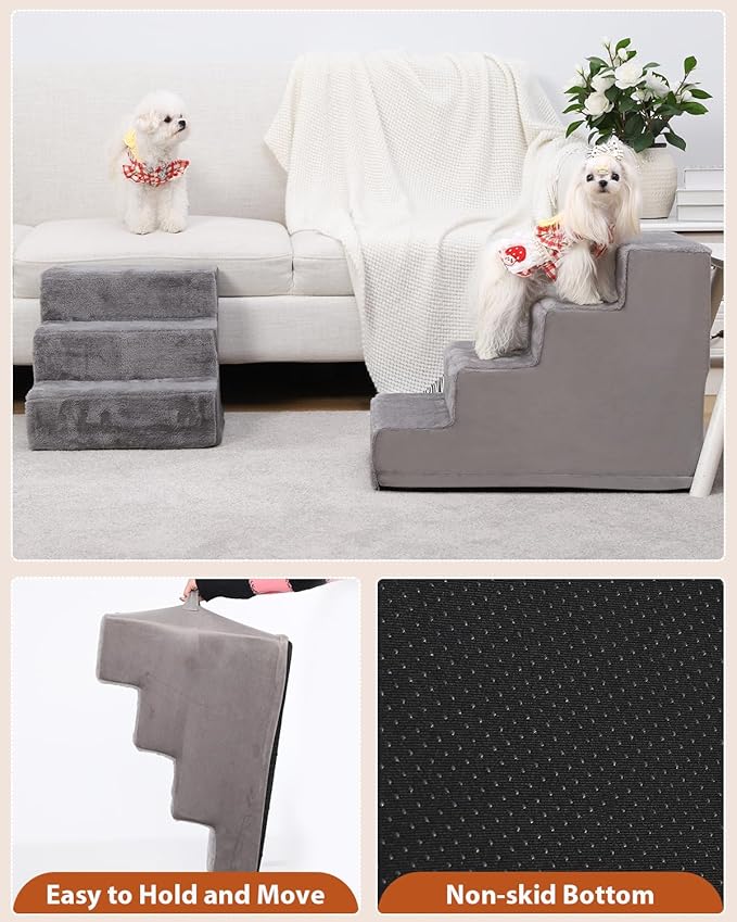 Dog Stairs for Small Dogs,13" 3-Step Pet Stairs for Couches，Dog Steps with Non-Slip Bottom and Removable Cover Indoor Outdoor,Grey-PurrikoPets