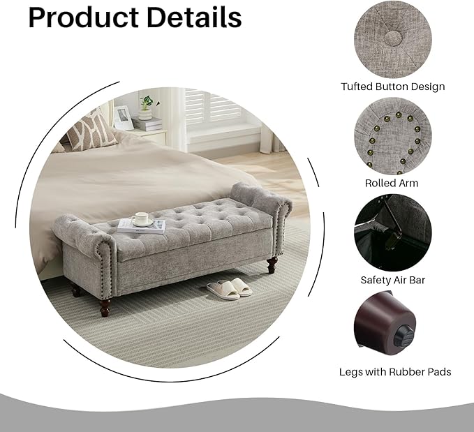 58.1'' Storage Bench Upholstered Chenille End of Bedroom Bed Bench Ottoman with Tufted Cushioned Rolled Arm Large Storage Space for Reading Living Room Entryway, Light Grey-PurrikoPets