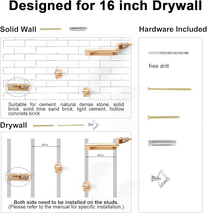 FUKUMARU Cat Wall Shelves, 3 In 1 Cats Walls Furniture Set, Food Station with 2 Steps , Solid Rubber Wood Perch, Suitable for Kitten Play, Nap, Eat, DIY Wall Jungle Gym-PurrikoPets
