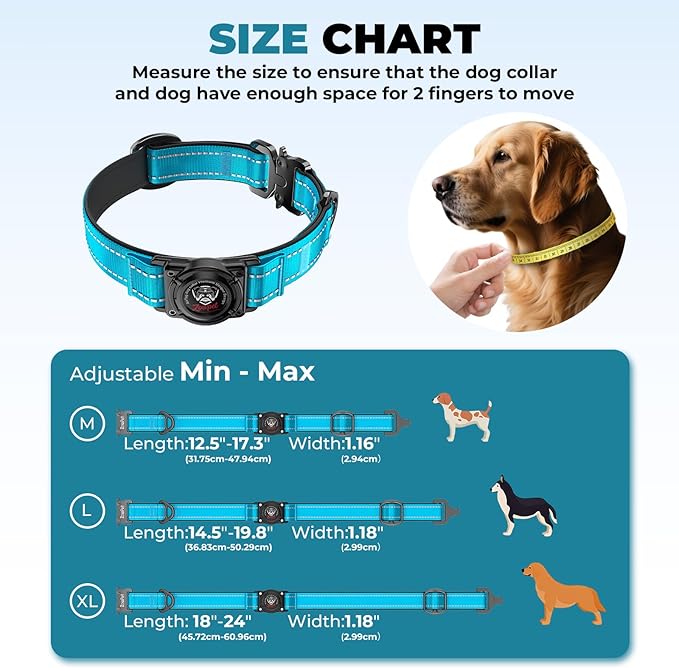 2025 Upgrade Airtag Dog Collar, Reflective Dog Collar with Airtag Holder, IP68 Waterproof| Metal Buckle| Ultra-Durable| Comfortable Padded, GPS Dog Collars for Medium Large Dogs (Blue,XL)-PurrikoPets