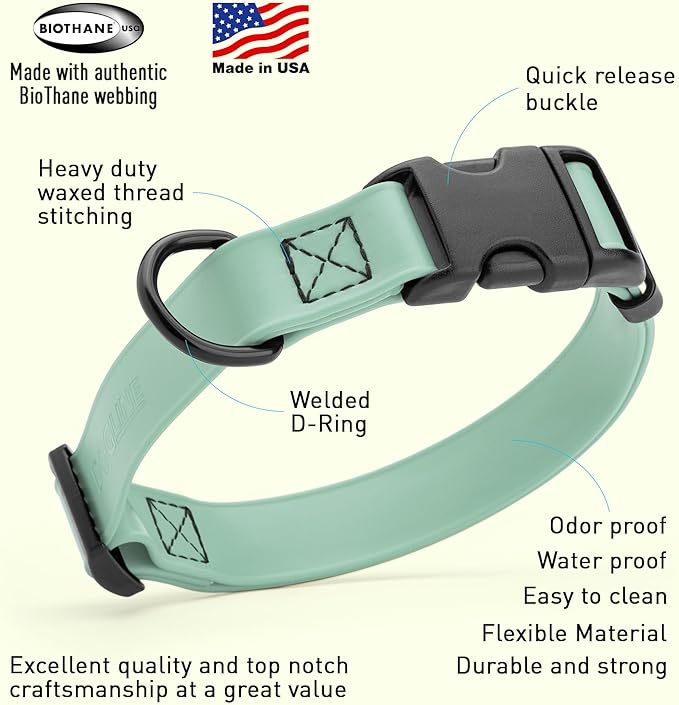 Dogline Biothane Waterproof Dog Collar with Quick Release Buckle Strong Coated Nylon Webbing with Odor- Proof for Easy Care Easy to Clean Fits Small Medium Large Dogs, Sage Green 3/4" W 12-19" L-PurrikoPets