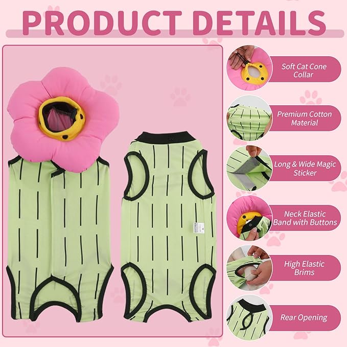 EMUST Cute Cat Recovery Suit and Adjustable Flower Cone Collar Set - Soft Surgical Suit for Abdominal Wounds, Cat Cones After Surgery for Female Kittens Under 4lb (Green)-PurrikoPets