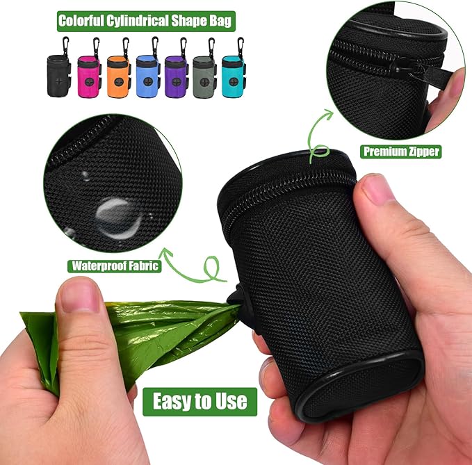 Dog Poop Bag Holder for Leash Attachment - Waste Bag Dispenser for Leash - Fits Any Dog Leash - Portable Set with Hand Free Holder Metal Carrier, Black Round Shape-PurrikoPets