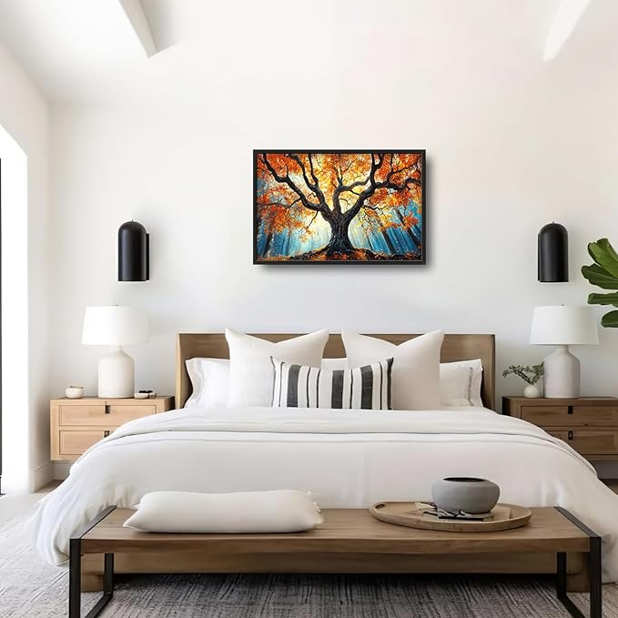 Extra Large Tree of Life Framed Wall Art for Living Room,Fall Autumn Forest Sunrise Landscape Pictures Wall Decor,Nature Canvas Print Painting Modern Artwork Bedroom Office 36L" x 24W"-PurrikoPets