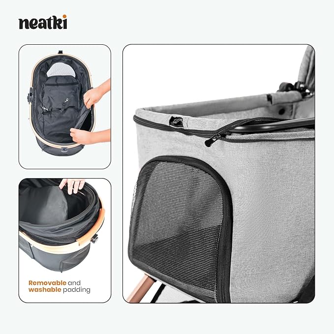 Foldable Pet Stroller for Dogs and Cats, 33 lbs Capacity, 360° Swivel Front Wheels, One-Click Fold, Brake System, Leash & Lock Clips, Removable Washable Padding, and Cup Holder (Gray, 33 lbs)-PurrikoPets