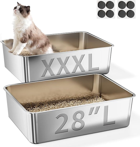 2 Pack Cat Pan Giant 28" Extra Large Stainless Steel Cat Litter Pan Metal Cat Litterbox for Big Cats and Multiple Cats, Anti-Leakage, Easy Cleaning-PurrikoPets