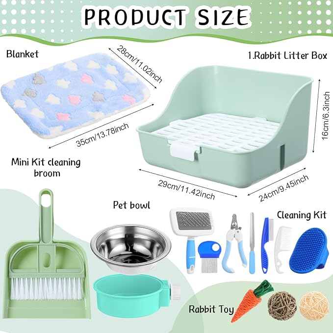 15 Pcs Rabbit Starter Kit Small Rabbit Litter Box Animal Grooming Kit Bunny Toys Bowl Blankets with Cleaning Set for Guinea Pig Accessories(Green)-PurrikoPets