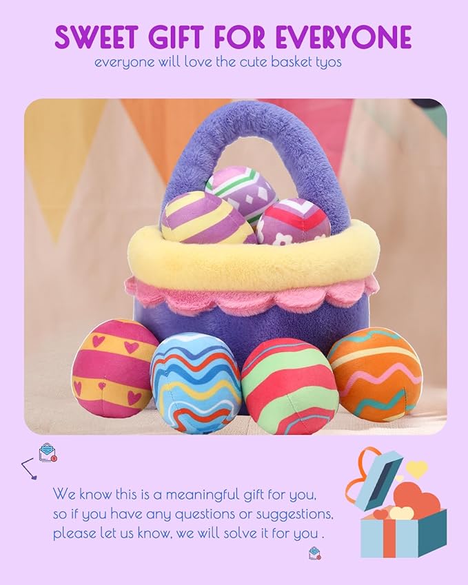 8 Piece Plush Stuffed Playset Toys with 7 Eggs, 1 Furry Bag, Soft Basket Set Sensory Toys for Girls Kids Ages 3+, Birthday Christmas Valentines Easter Party Favors Gifts-PurrikoPets