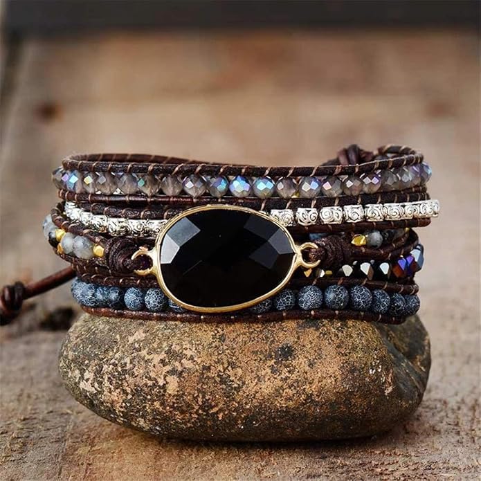 YGLINE Boho Handmade Wrap Leather Tube Crystal Stone Bracelet for Women
