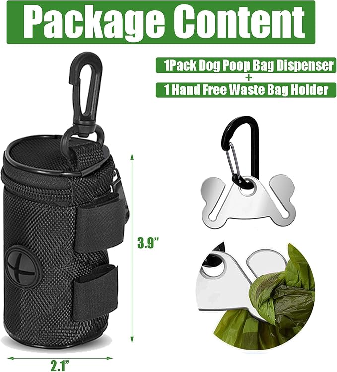 Dog Poop Bag Holder for Leash Attachment - Waste Bag Dispenser for Leash - Fits Any Dog Leash - Portable Set with Hand Free Holder Metal Carrier, Black Round Shape-PurrikoPets