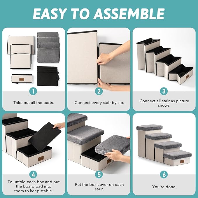 Dog Stair for Small Dogs with Storage, Foldable Pet Step with Soft Cover, Older Cat Ramp for Chair Couch Sofa, Lightweight, Durable, Comfort, 33x13x17.7 inch, 4 Tiers Grey-PurrikoPets