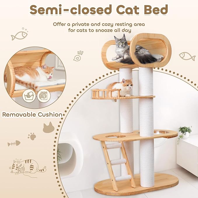 63'' Tall Modern Cat Tree for Indoor Cats, Luxury Cat Tree, Multi-Level Wood Climb Tower for Large Cat, Heavy Duty Kitty House with Transparent Bowl, Large Perches with Removable Cushion-PurrikoPets