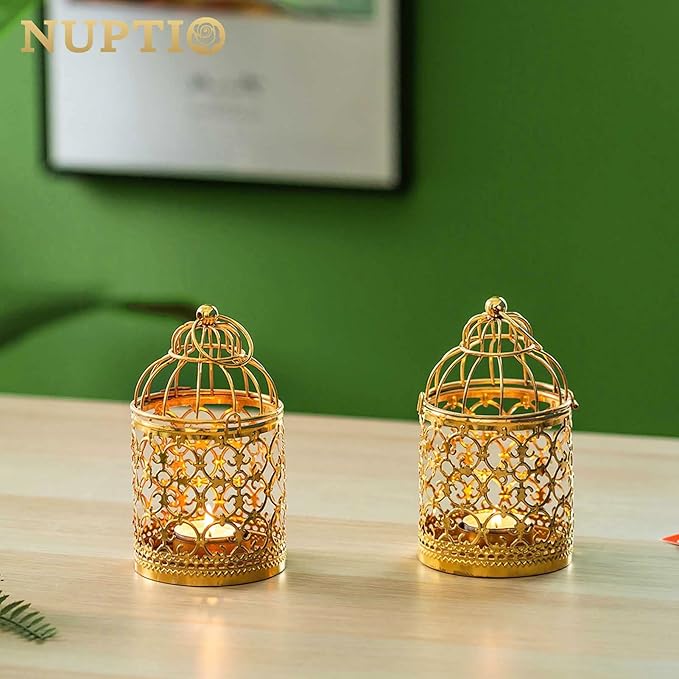 6 Pcs Small Metal Tealight Hanging Birdcage Lantern, Vintage Decorative Centerpieces of Wedding, Party, Gold-PurrikoPets