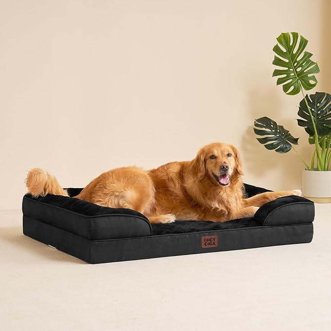 EHEYCIGA Orthopedic Dog Beds for Large Dogs, Waterproof Memory Foam Large Dog Bed with Sides, Non-Slip Bottom and Egg-Crate Foam Pet Couch Bed with Washable Removable Cover, Black-PurrikoPets