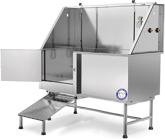 Flying Pig 62" Stainless Steel Pet Dog Grooming Bath Tub with Walk-in Ramp & Accessories (Left Door/Right Drain)-PurrikoPets