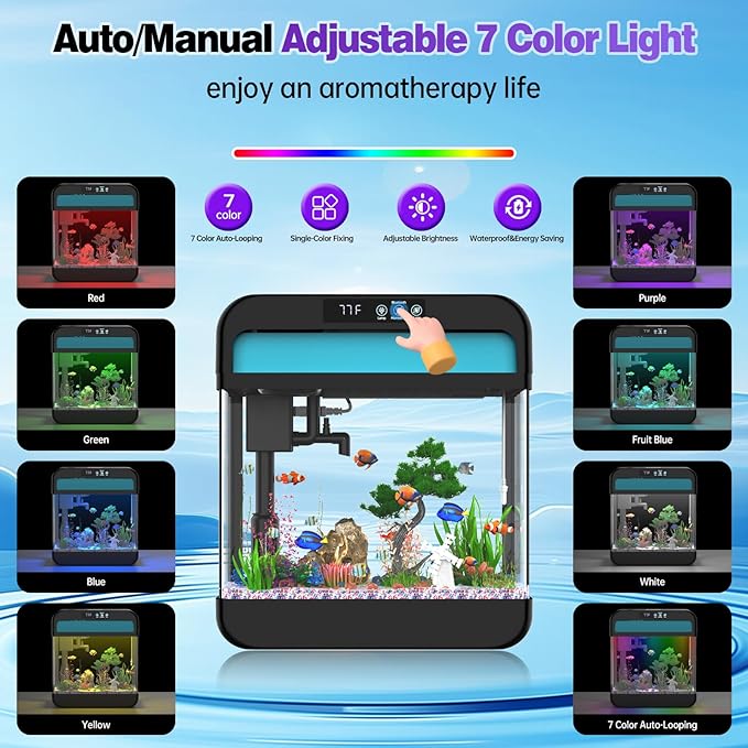 Fish Tank 2.2 Gallon Fish Aquarium with Music Humidifier 7 Color Auto-Looping Light Adjustable Water Pump with Filtration & Aeration & Circulation, Temperature Display, Bottom Water Changer-PurrikoPets