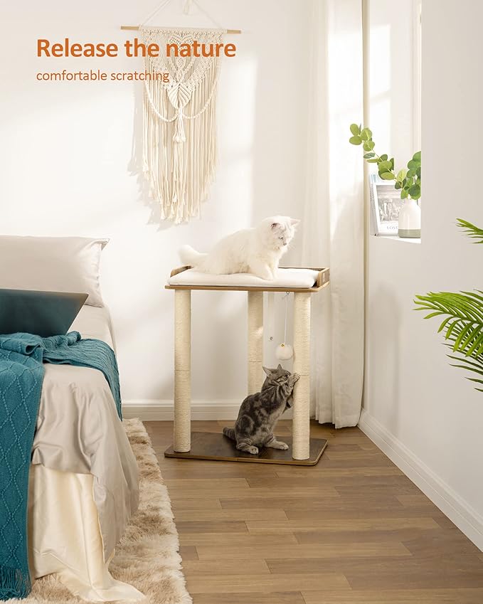 FourFurPets 26.7in Large Cat Tree Tower Condo, Cat Scratch Posts for Indoor Cats, Big Plate, Three 23.6in Full Sisal Scratching Posts, Rustic Brown-PurrikoPets