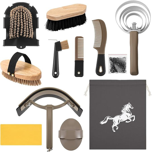 Abbylike 12 Pieces Horse Grooming Kit Racing Festival Tack Room Supplies Horse Brush Sets Equine Care Cleaning Kit Shedding Grooming Massaging Tools(Dark Gray)-PurrikoPets