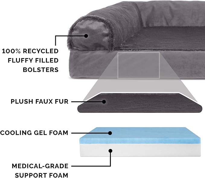 Furhaven Cooling Gel Dog Bed for Medium/Small Dogs w/ Removable Bolsters & Washable Cover, For Dogs Up to 35 lbs - Plush & Velvet L Shaped Chaise - Platinum Gray, Medium-PurrikoPets