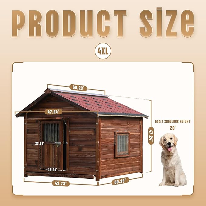 Extra Large Dog House Outdoor Made of Solid Pine Wood, Warm Doghouse, Dog House with Elevated Floor for Large Dogs, (Wood, 4XL)-PurrikoPets