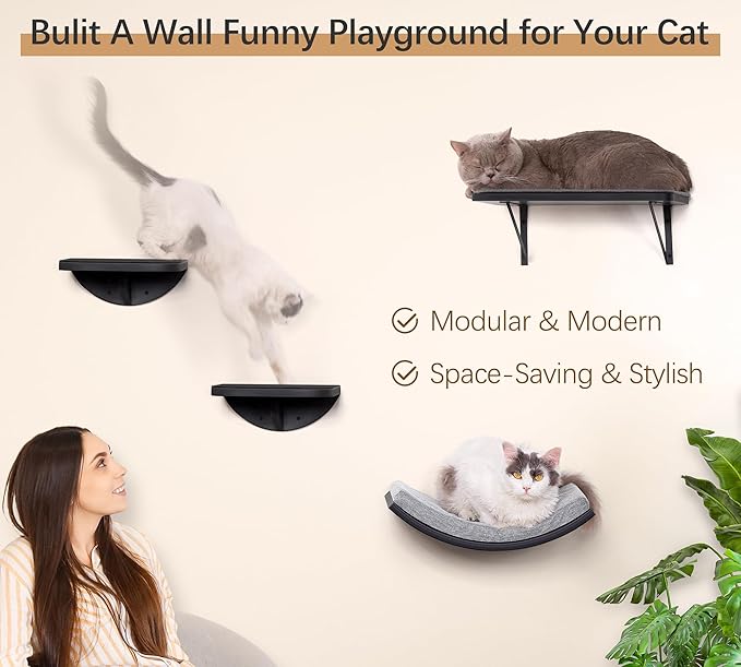 2-Piece Cat Wall Steps with Grey Felt Pads, Floating Cat Wall Perches and Climbing Steps, Wall Mounted Shelf for Small and Large Cats-PurrikoPets