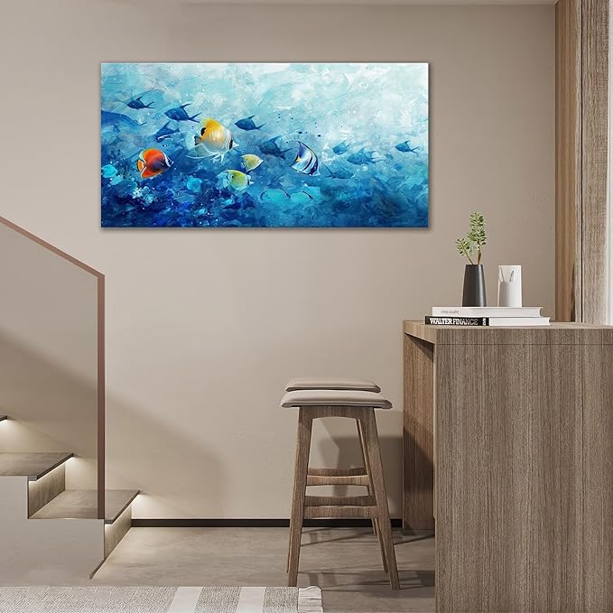 Extra Large Wall Art Tropical Fish Canvas Living Room Pictures Framed Prints Ocean Blue Oversize Wall Decor Animal Painting Artwork for Bedroom Dining Office Home 60"x30"-PurrikoPets