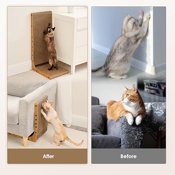 EHEYCIGA Cardboard Cat Scratcher for Indoor Cats, 32 Inch L Shaped Vertical Cat Scratching Board with Ball Cat Toy, Extra Large Cat Scratcher Pad, Brown-PurrikoPets