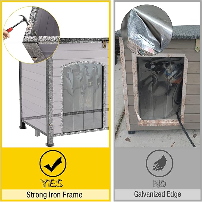 Aivituvin Large Dog House Outdoor Indoor Weatherproof Dog House for Small & Medium & Large Dogs with Unique All-Around Iron Frame＆Raised Feet（Grey）-PurrikoPets