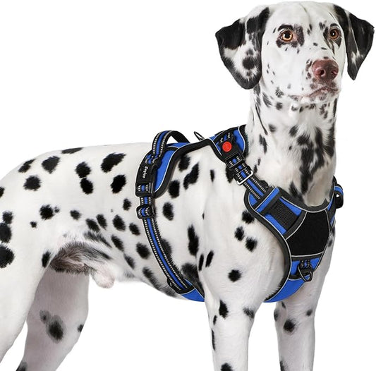 Eagloo Dog Harness for Large Dogs, Easy Wearing with 3 Buckles, Adjustable No Pull Pet Harness with 2 Rings for Walking, No Chock Reflective Soft Padded Vest with Control Handle, Blue & Black, XL-PurrikoPets